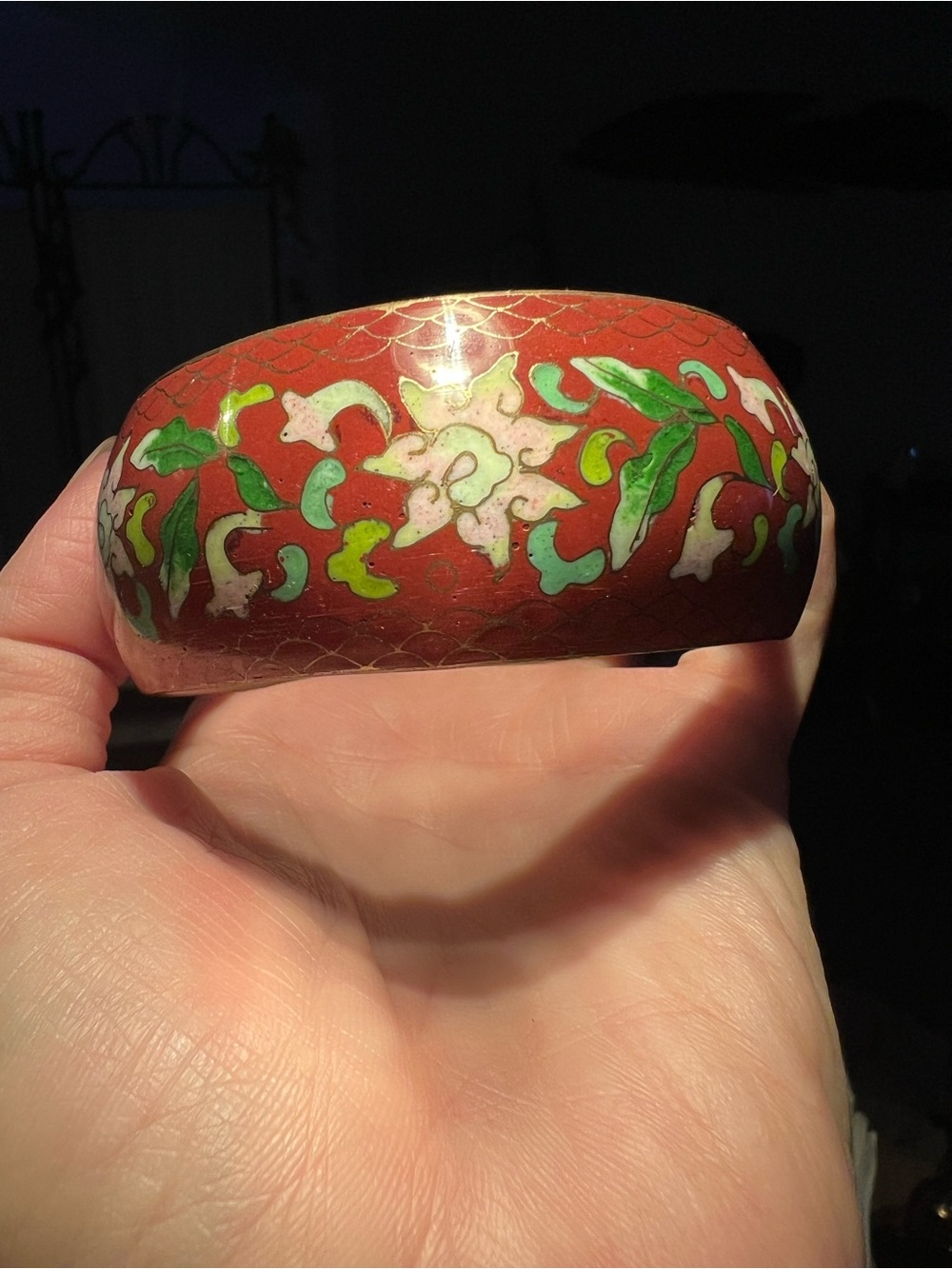 Burgundy Red Floral Cloisonné Bangle Cuff Bracelet